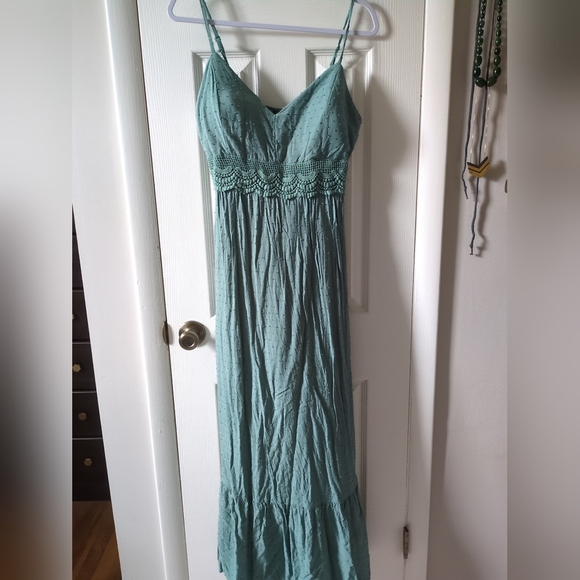 Lily Rose Xl Teal Maxi Dress Padded Cups Ruffle Hem Swiss Dot Crochet - Picture 1 of 7